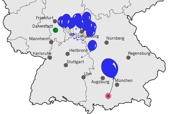 Die Karte und die Tabelle geben einen Überblick, wohin die Ballone entschwebt sind.