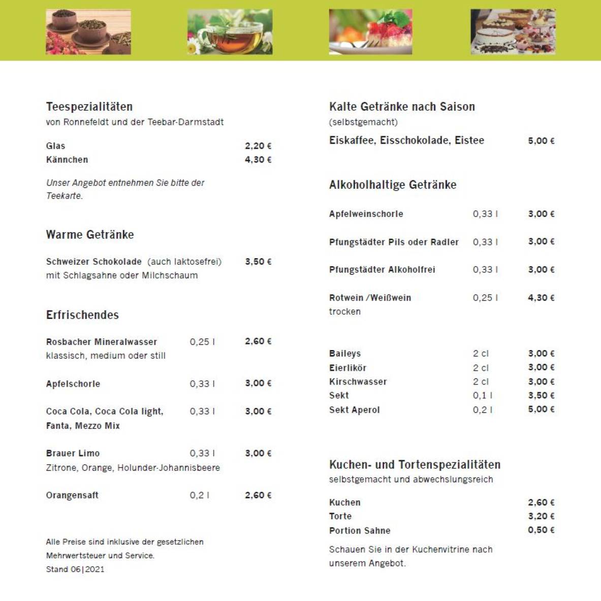 Speisekarte - Kaffeehaus am Waldfriedhof in Darmstadt